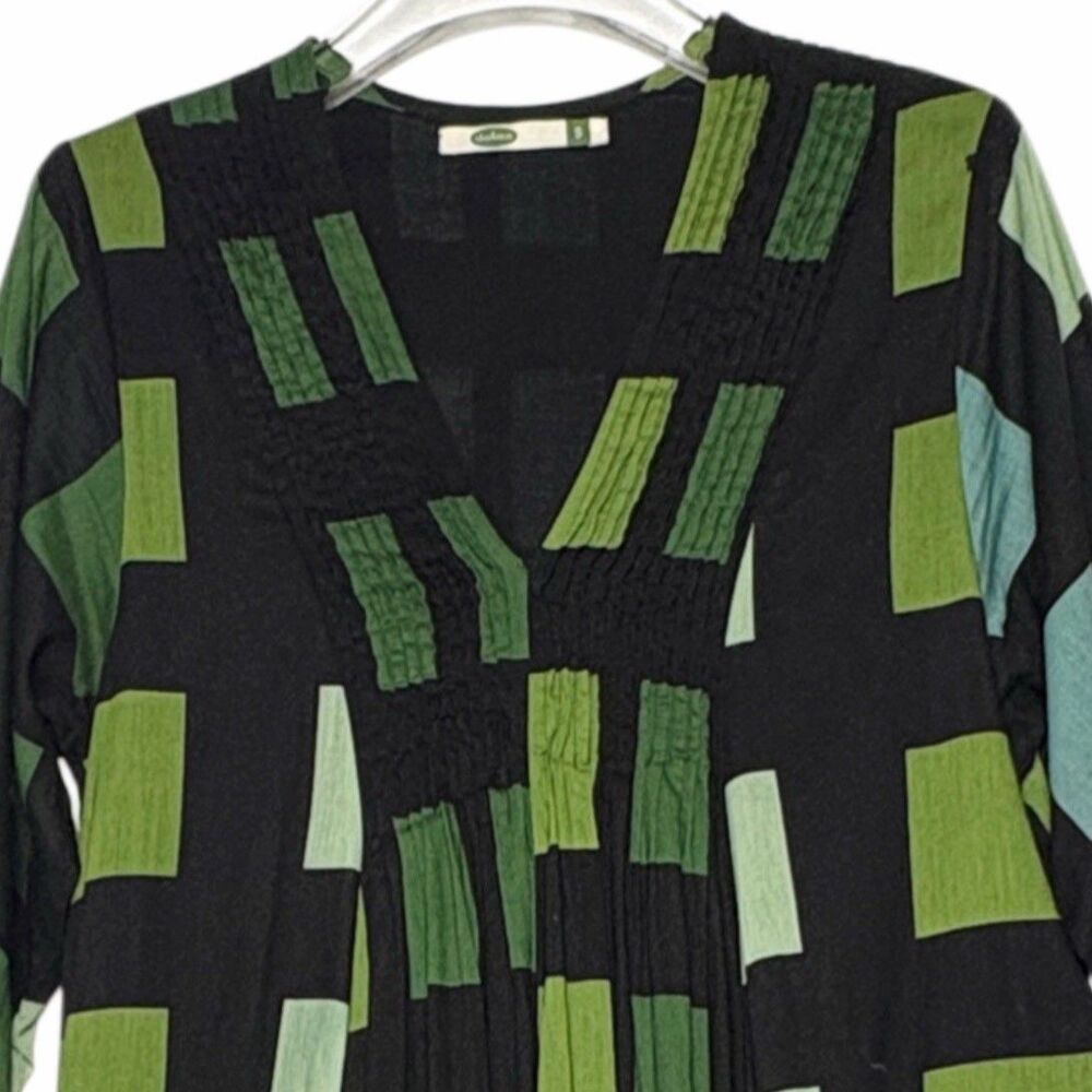 Dolma Maxi Dress Size Small SKYE Green Black Pintuck Neckline Cotton A-Line - Picture 2 of 9